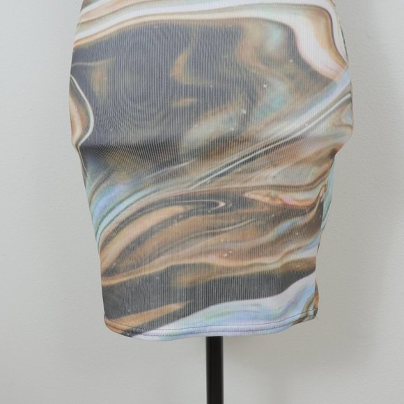 Pretty Little Thing Blue Brown Green Marble Design Size 4 Sleeveless Mini Dress - Picture 4 of 11